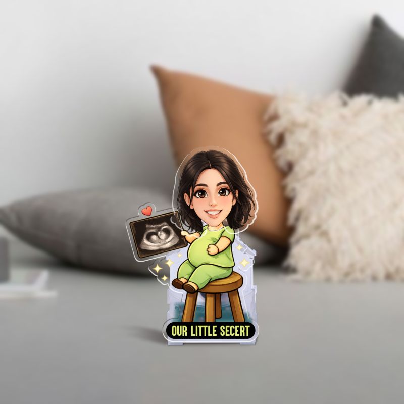 Personalized Bobblehead Caricature Our Little Secret Quote Pregnancy Gift Baby Shower Gift Gift for Pregnant Woman | Battery Powered Moving Head for Bedroom Tabletop Decor